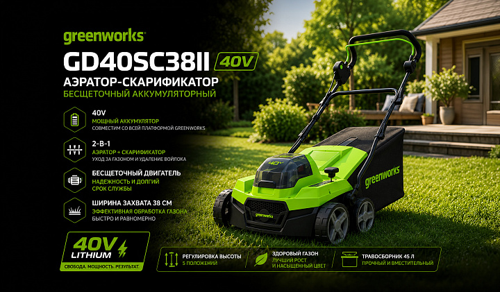 Аэратор-скарификатор Greenworks GD40SC38II 40V 2517607 бесщеточный аккумуляторный